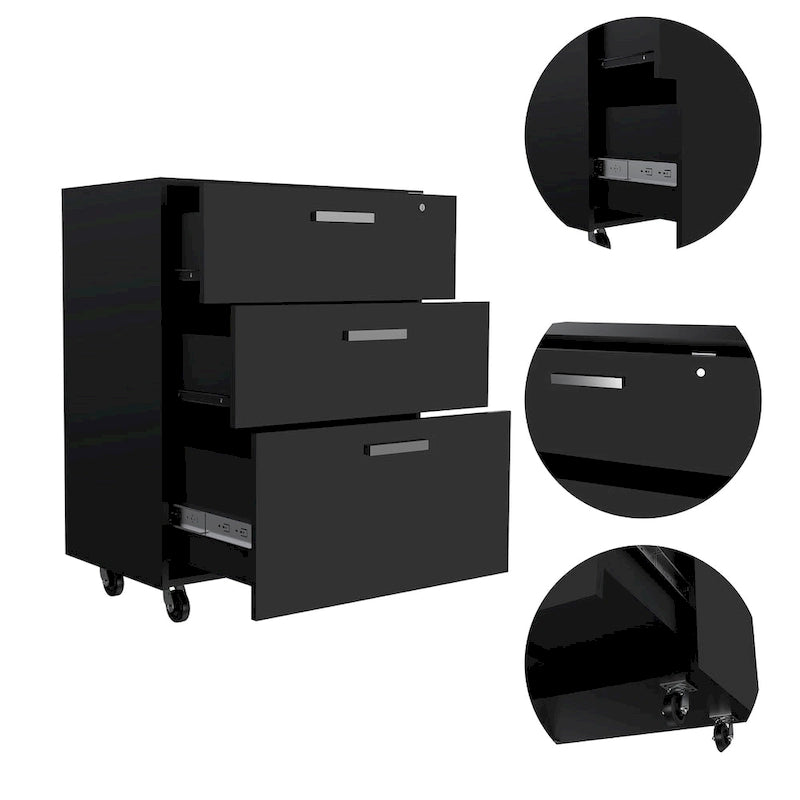 Mobiletto Contenitore - Piano Superiore, Base Cassettiera, Tre Cassetti, Quattro Ruote Girevoli - Nero