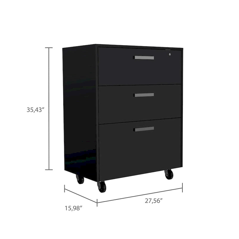 Mobiletto Contenitore - Piano Superiore, Base Cassettiera, Tre Cassetti, Quattro Ruote Girevoli - Nero
