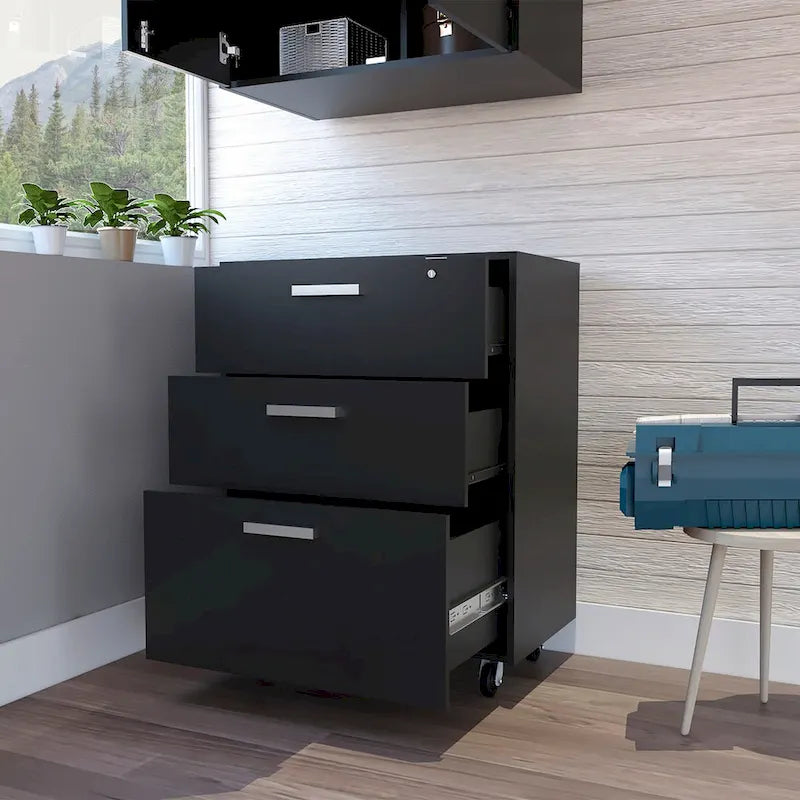 Mobiletto Contenitore - Piano Superiore, Base Cassettiera, Tre Cassetti, Quattro Ruote Girevoli - Nero