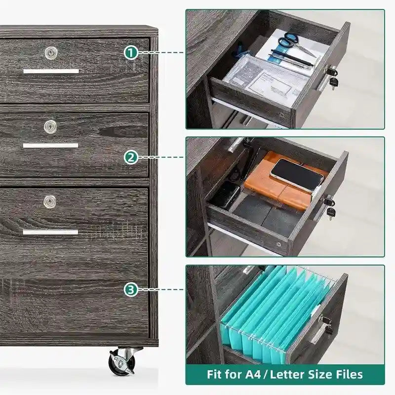 3 Drawer Mobile Lateral Filing Cabinet - 15.6D x 35W x 25.6H