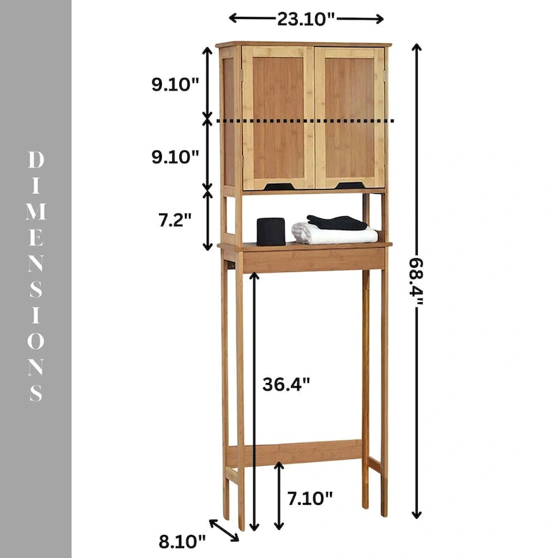 Mobiletto pensile da bagno in bambù sopra il WC con due ante e ripiano aperto - 23,10L x 8,10P x 68,4A
