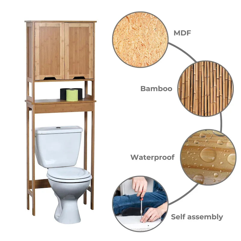 Mobiletto pensile da bagno in bambù sopra il WC con due ante e ripiano aperto - 23,10L x 8,10P x 68,4A