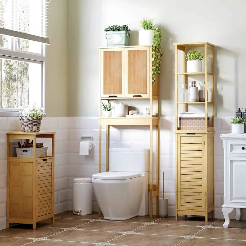 Mobiletto pensile da bagno in bambù sopra il WC con due ante e ripiano aperto - 23,10L x 8,10P x 68,4A