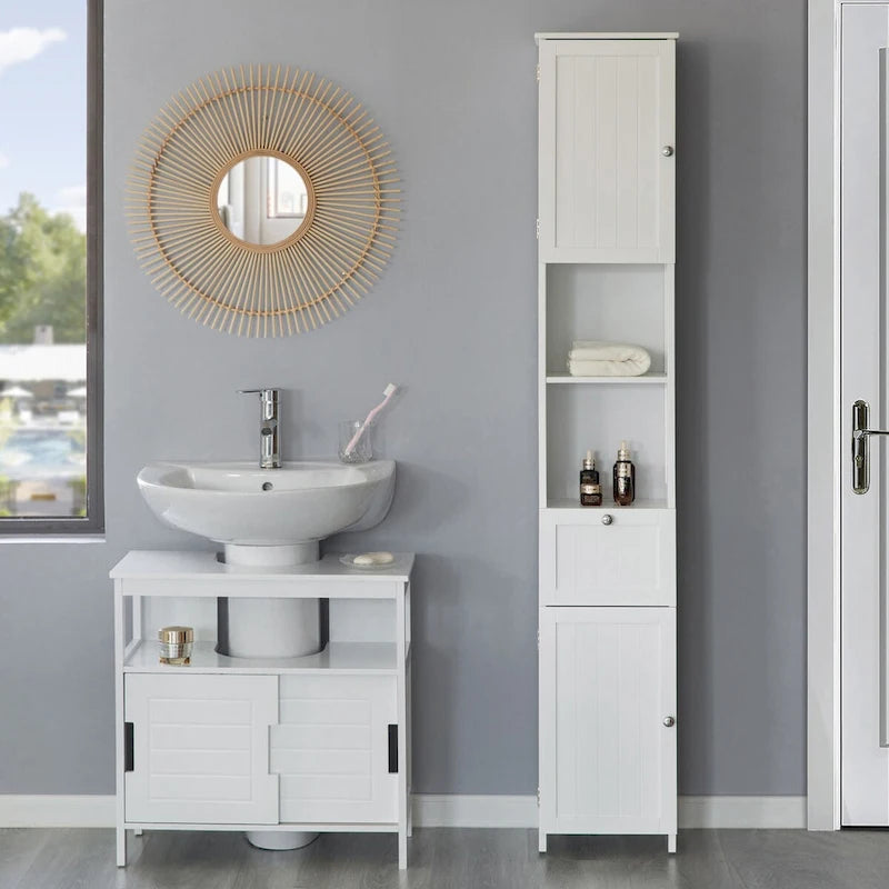 Mobiletto alto da bagno bianco per biancheria