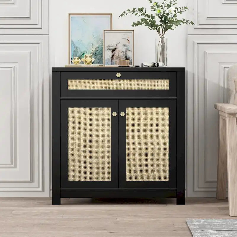 Credenza a buffet da 80 cm con due ante in rattan nero e cassetto portaoggetti, 31,5L x 13,7P x 32,8A