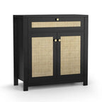 Credenza a buffet da 80 cm con due ante in rattan nero e cassetto portaoggetti, 31,5L x 13,7P x 32,8A