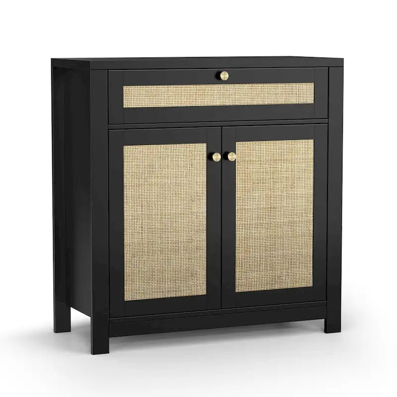 2-Door Black Rattan Cabinet with Drawer Storage Sideboard Buffet 31.5W x 13.7D x 32.8H