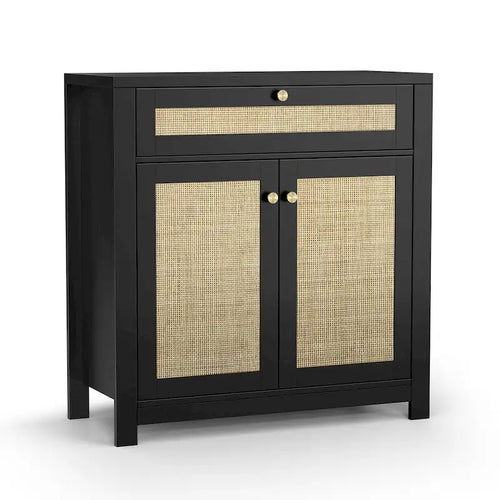 2-Door Black Rattan Cabinet with Drawer Storage Sideboard Buffet 31.5W x 13.7D x 32.8H