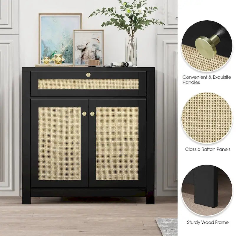 Credenza a buffet da 80 cm con due ante in rattan nero e cassetto portaoggetti, 31,5L x 13,7P x 32,8A