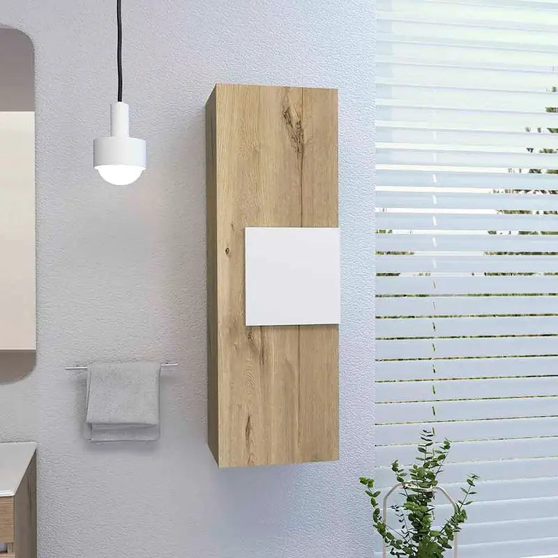 Armadietto per medicinali, tre ripiani, anta singola, finitura bianco/rovere chiaro