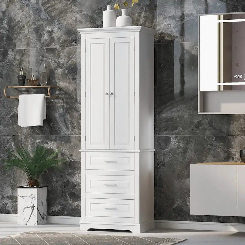 Mobile alto da bagno con tre cassetti, Mobile alto bianco