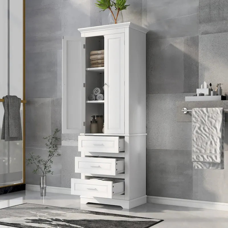 Mobile alto da bagno con tre cassetti, Mobile alto bianco
