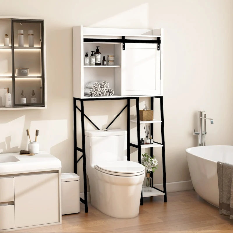 Mobiletto da bagno sopra il WC con anta scorrevole a fienile e ripiani