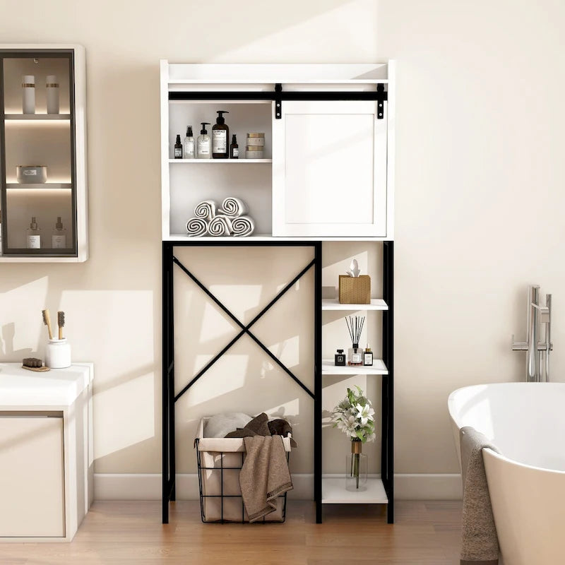 Mobiletto da bagno sopra il WC con anta scorrevole a fienile e ripiani