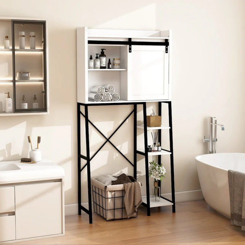 Mobiletto da bagno sopra il WC con anta scorrevole a fienile e ripiani