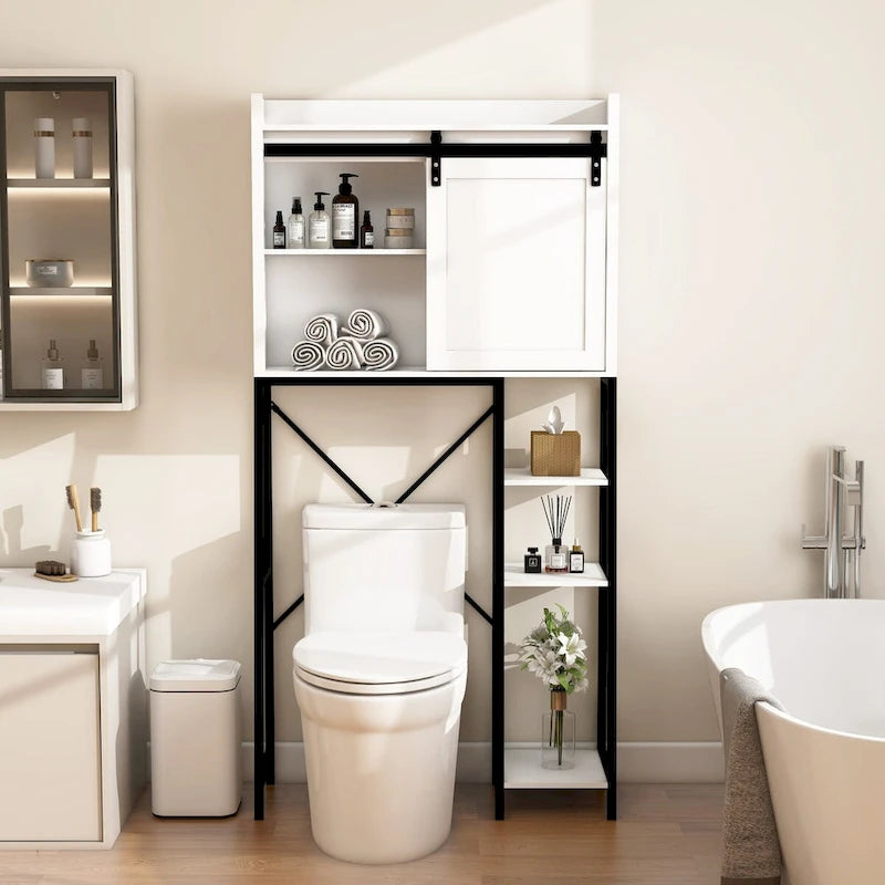 Mobiletto da bagno sopra il WC con anta scorrevole a fienile e ripiani