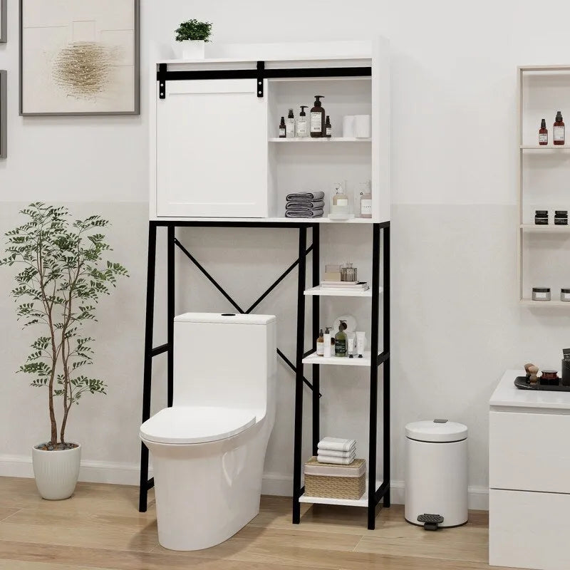 Armadietto da bagno salvaspazio sopra il WC in stile moderno di metà secolo, mobiletto da bagno in legno con porta scorrevole a fienile