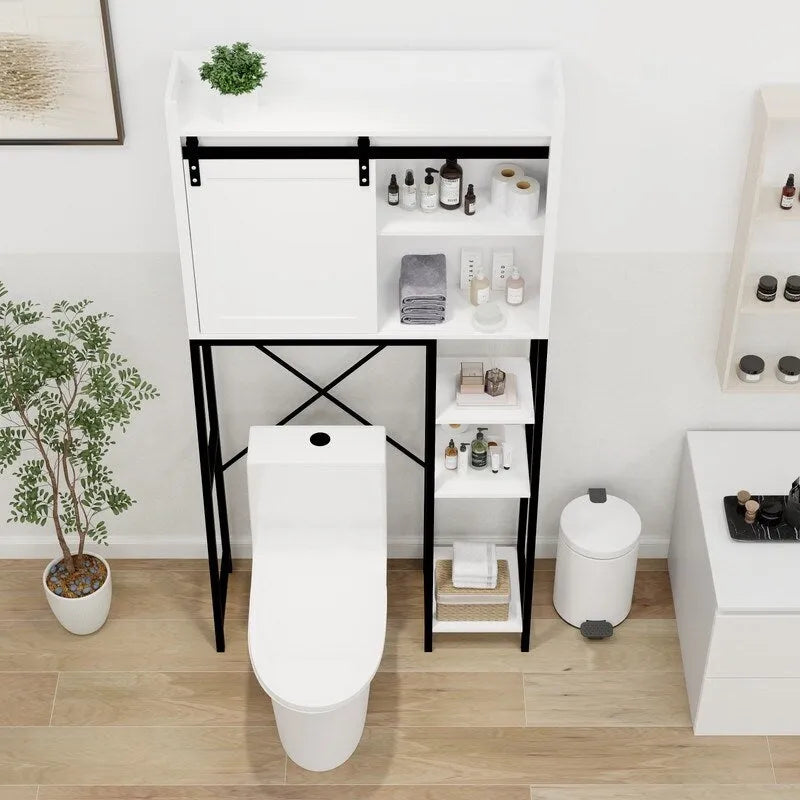 Armadietto da bagno salvaspazio sopra il WC in stile moderno di metà secolo, mobiletto da bagno in legno con porta scorrevole a fienile
