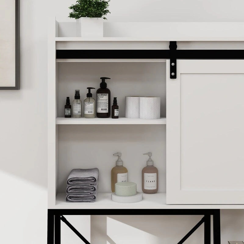Armadietto da bagno salvaspazio sopra il WC in stile moderno di metà secolo, mobiletto da bagno in legno con porta scorrevole a fienile