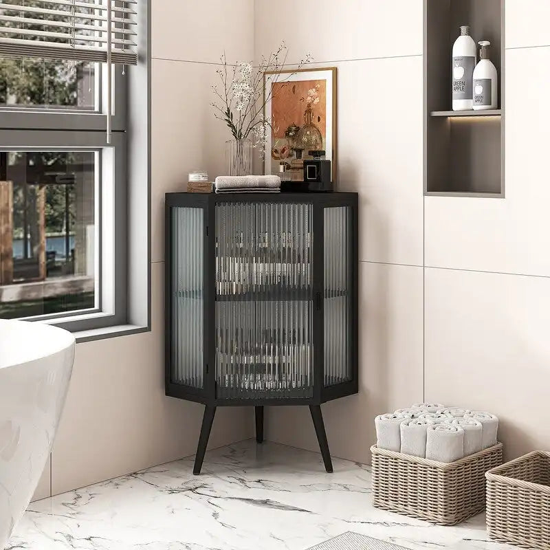 Modern Style 22.25 Bathroom Corner Storage Cabinet with Tempered Glass Doors and Interior Adjustable Shelf
