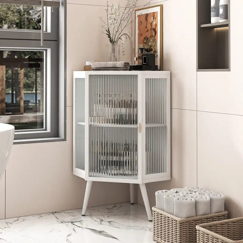 Modern Style 22.25 Bathroom Corner Storage Cabinet with Tempered Glass Doors and Interior Adjustable Shelf