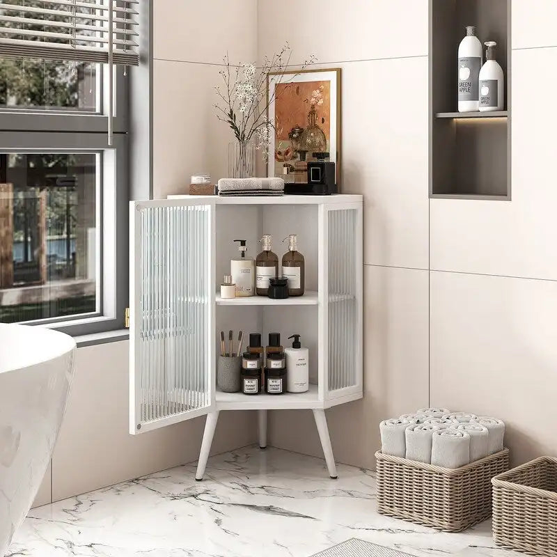Modern Style 22.25 Bathroom Corner Storage Cabinet with Tempered Glass Doors and Interior Adjustable Shelf