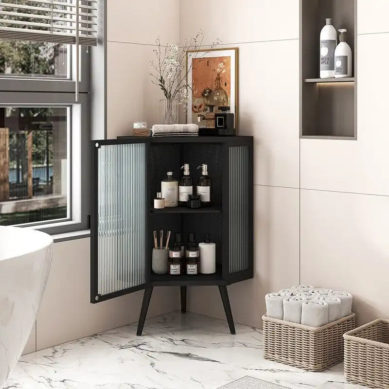 Mobile angolare da bagno in stile moderno da 56,5 cm con ante in vetro temperato e ripiano interno regolabile