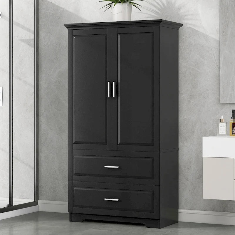 Mobile Alto da Bagno, Armadietto con Due Ante e Cassetti, Ripiano Regolabile, Pannello in MDF, Nero