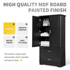 Mobile Alto da Bagno, Armadietto con Due Ante e Cassetti, Ripiano Regolabile, Pannello in MDF, Nero