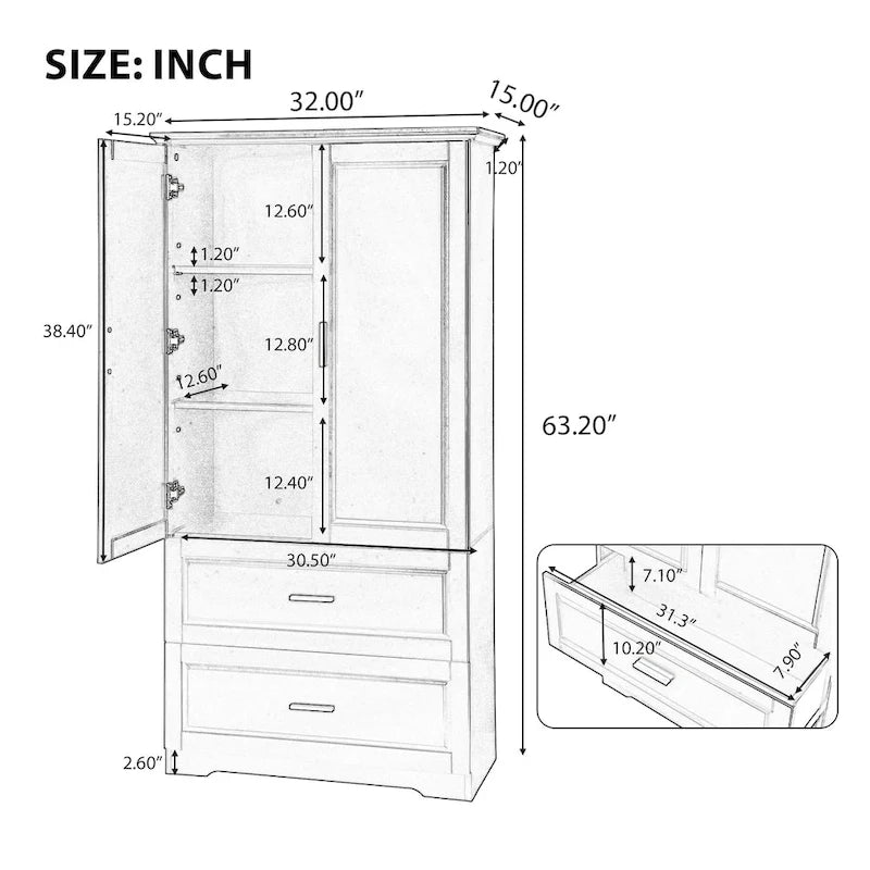 Mobile Alto da Bagno, Armadietto con Due Ante e Cassetti, Ripiano Regolabile, Pannello in MDF, Nero
