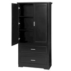 Mobile Alto da Bagno, Armadietto con Due Ante e Cassetti, Ripiano Regolabile, Pannello in MDF, Nero