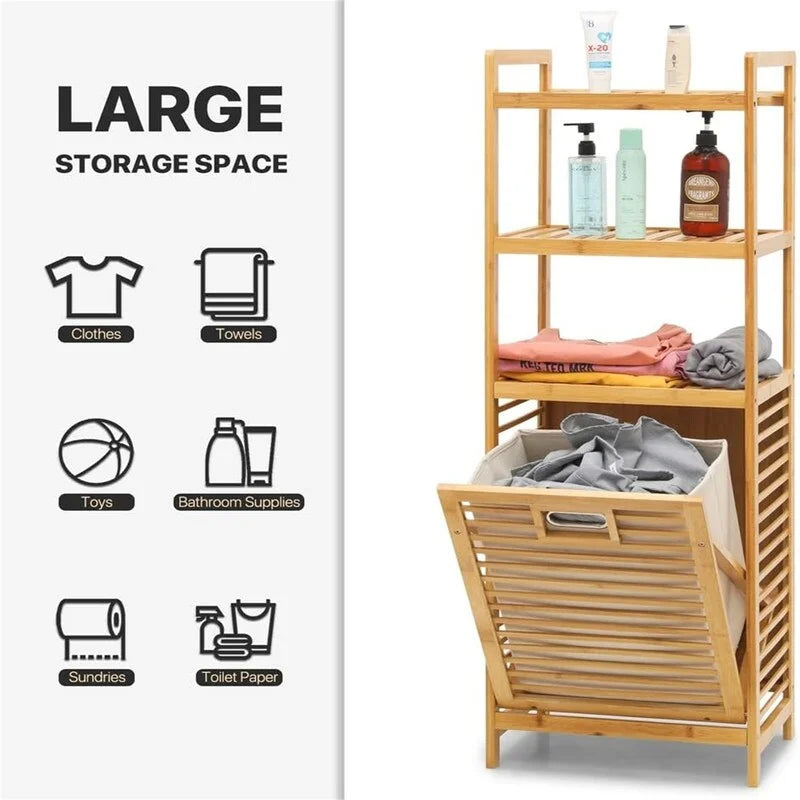 Tilt Out Hamper for Laundry 3 Tier Bamboo Pull Out Laundry Hamper - 15.5L x 11.5W x 46.5H