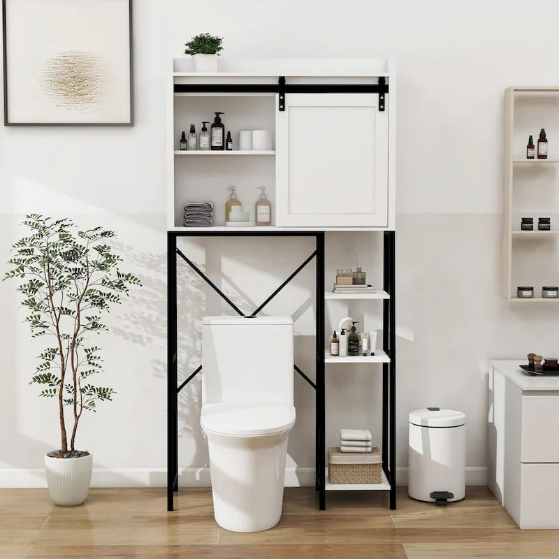 Mobiletto salvaspazio da bagno sopra il WC con anta scorrevole "barn door" e ripiani regolabili