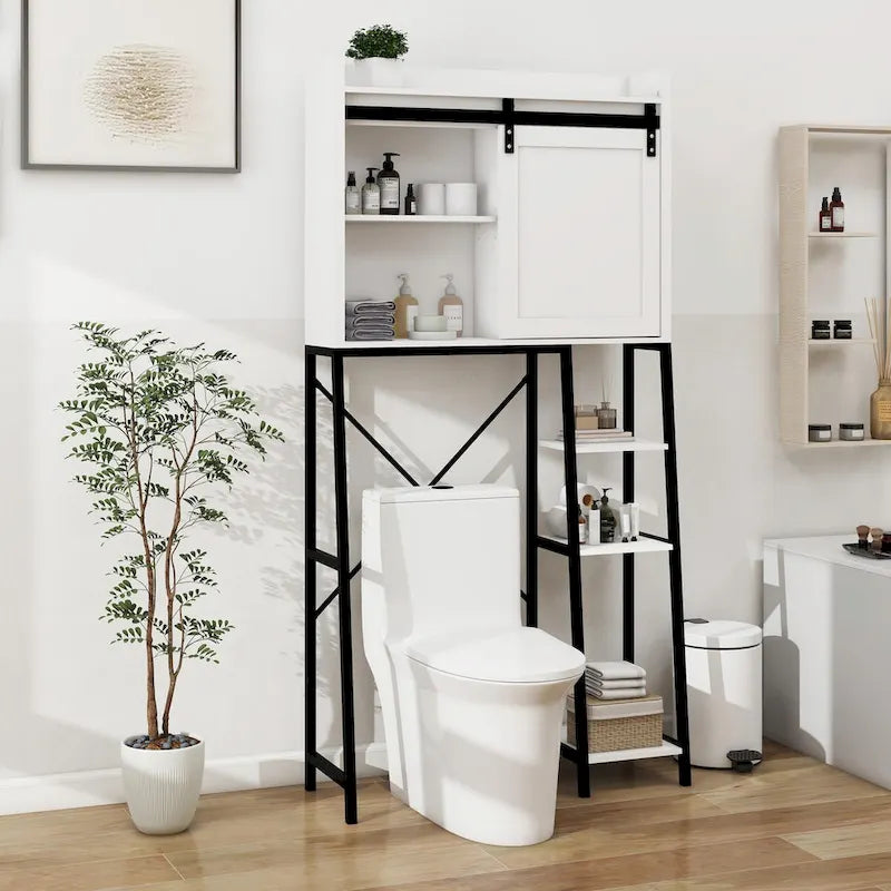 Mobiletto salvaspazio da bagno sopra il WC con anta scorrevole "barn door" e ripiani regolabili