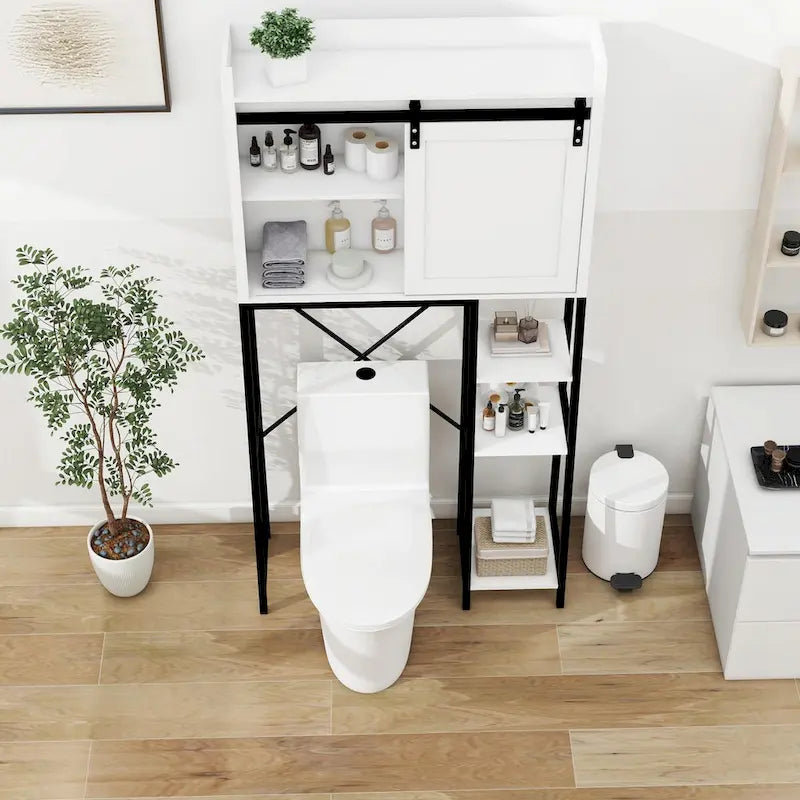 Mobiletto salvaspazio da bagno sopra il WC con anta scorrevole "barn door" e ripiani regolabili
