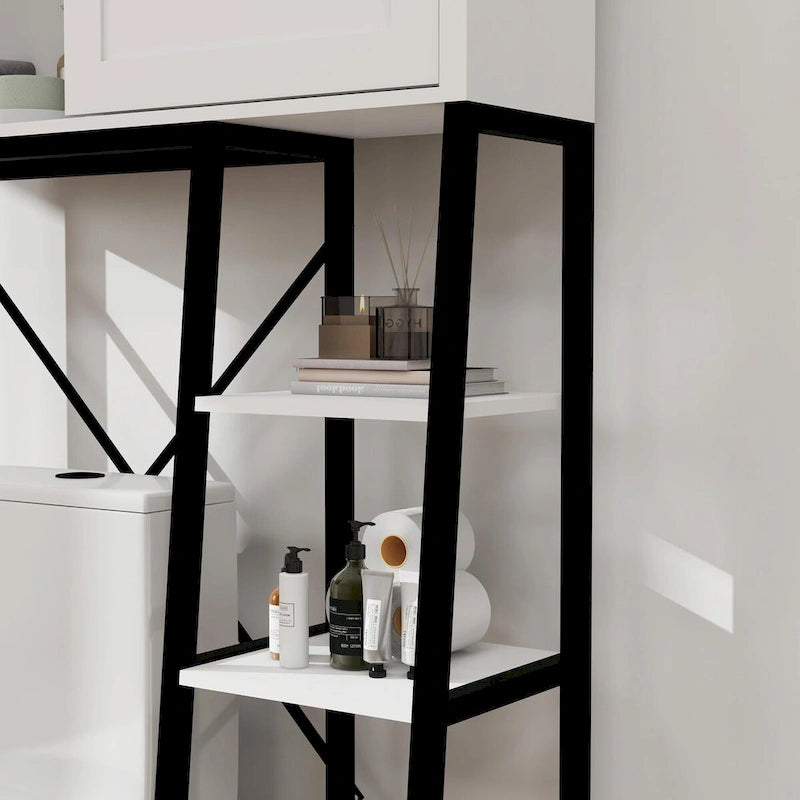 Mobiletto salvaspazio da bagno sopra il WC con anta scorrevole "barn door" e ripiani regolabili