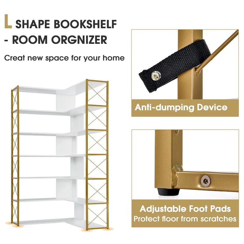 Libreria a 7 ripiani per ufficio domestico, libreria angolare a L con struttura in metallo, pannello in MDF - 37.4*37.4*709
