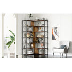 Libreria a 7 ripiani per ufficio domestico, libreria angolare a L con struttura in metallo, pannello in MDF - 37.4*37.4*709