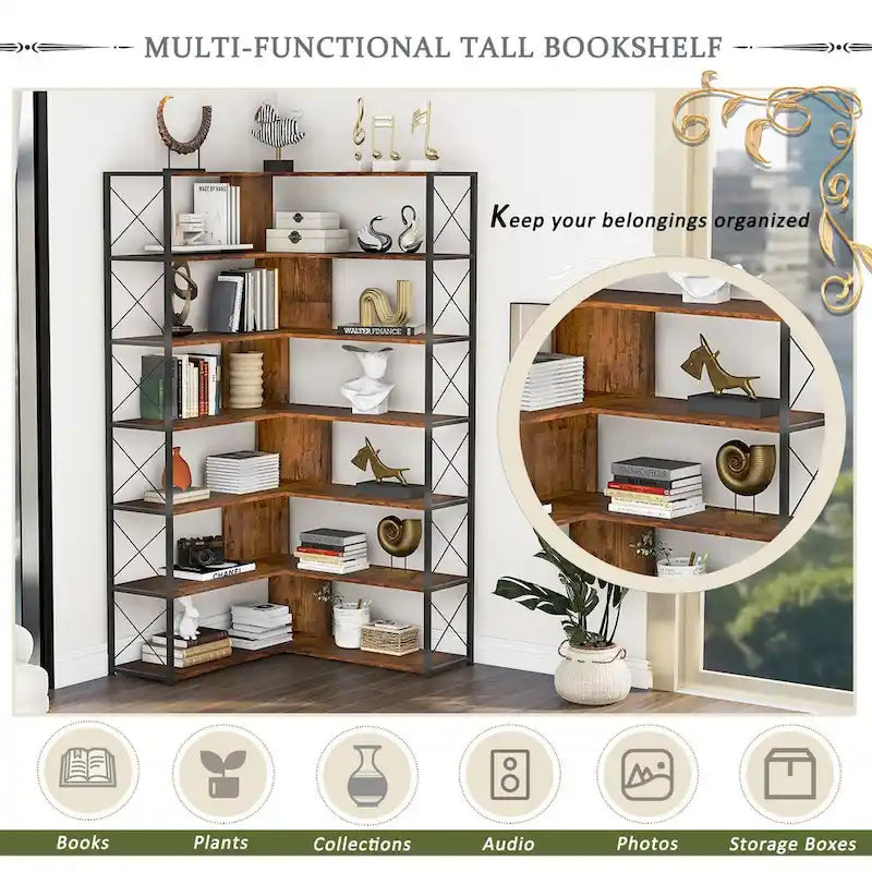 Libreria a 7 ripiani per ufficio domestico, libreria angolare a L con struttura in metallo, pannello in MDF - 37.4*37.4*709