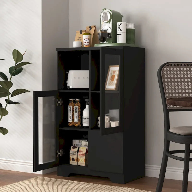 Wooden Floor Cabinet with 2 Glass Doors and 2 Storage Space,Living Room Bathroom Entryway