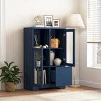 Wooden Floor Cabinet with 2 Glass Doors and 2 Storage Space,Living Room Bathroom Entryway