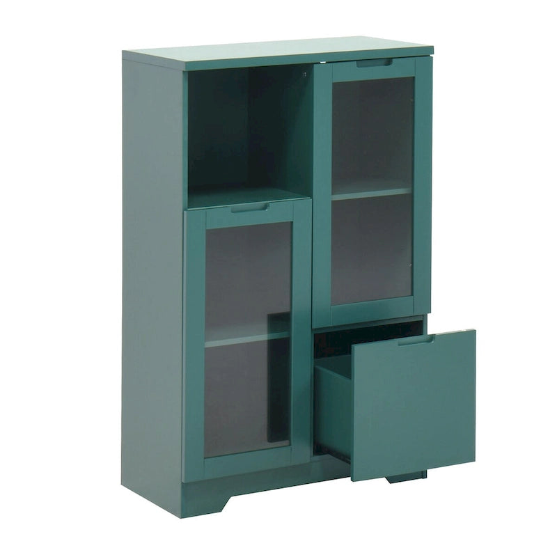 Wooden Floor Cabinet with 2 Glass Doors and 2 Storage Space,Living Room Bathroom Entryway