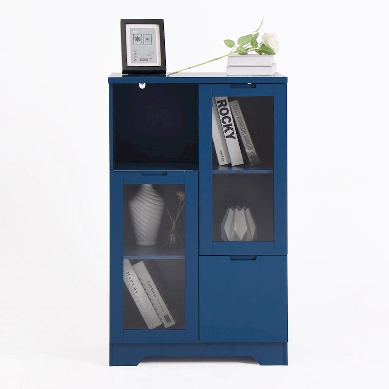 Wooden Floor Cabinet with 2 Glass Doors and 2 Storage Space,Living Room Bathroom Entryway